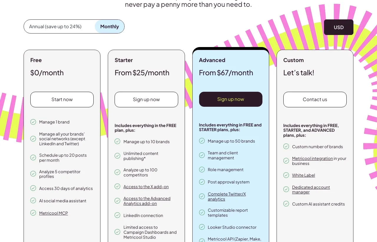 Metricool's pricing on the Monthly toggle: Free at $0, Starter from $25/month, Advanced from $67/month, with brand-count bands underneath each.