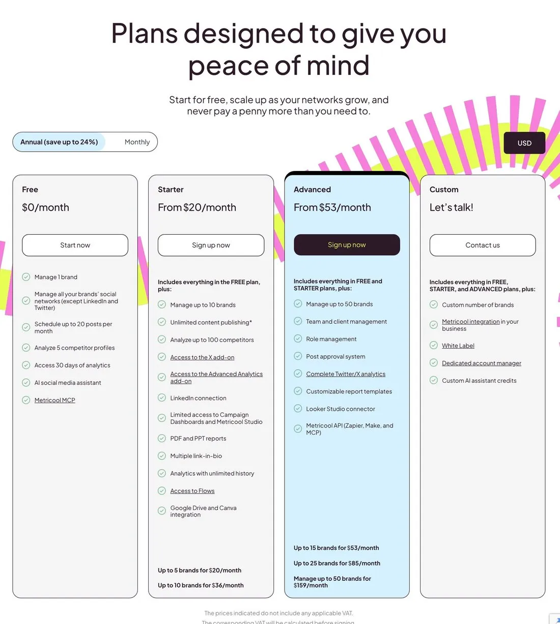 Metricool pricing page showing the annual toggle selected and the brand-count ladder printed at the bottom of each plan card