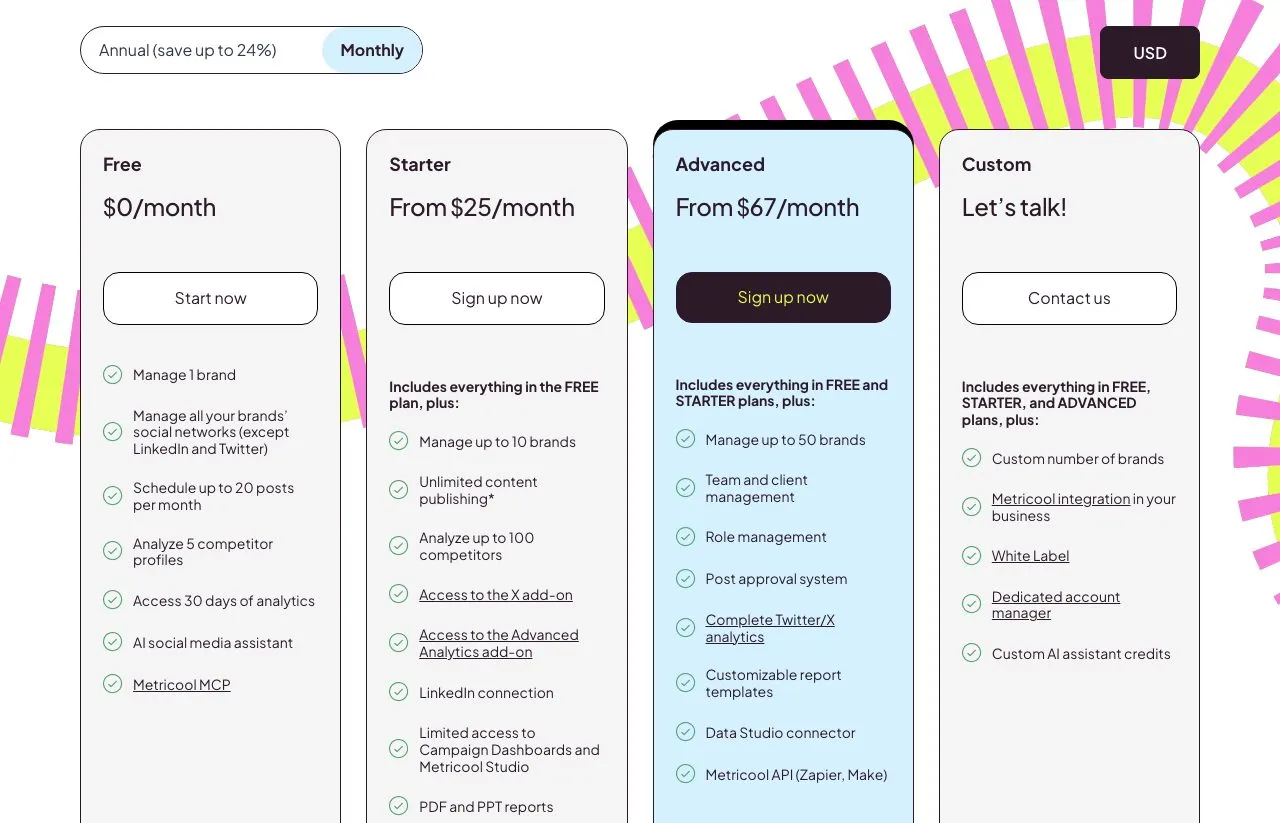 Metricool's pricing page on monthly billing in US dollars, with Free, Starter and Advanced plans.