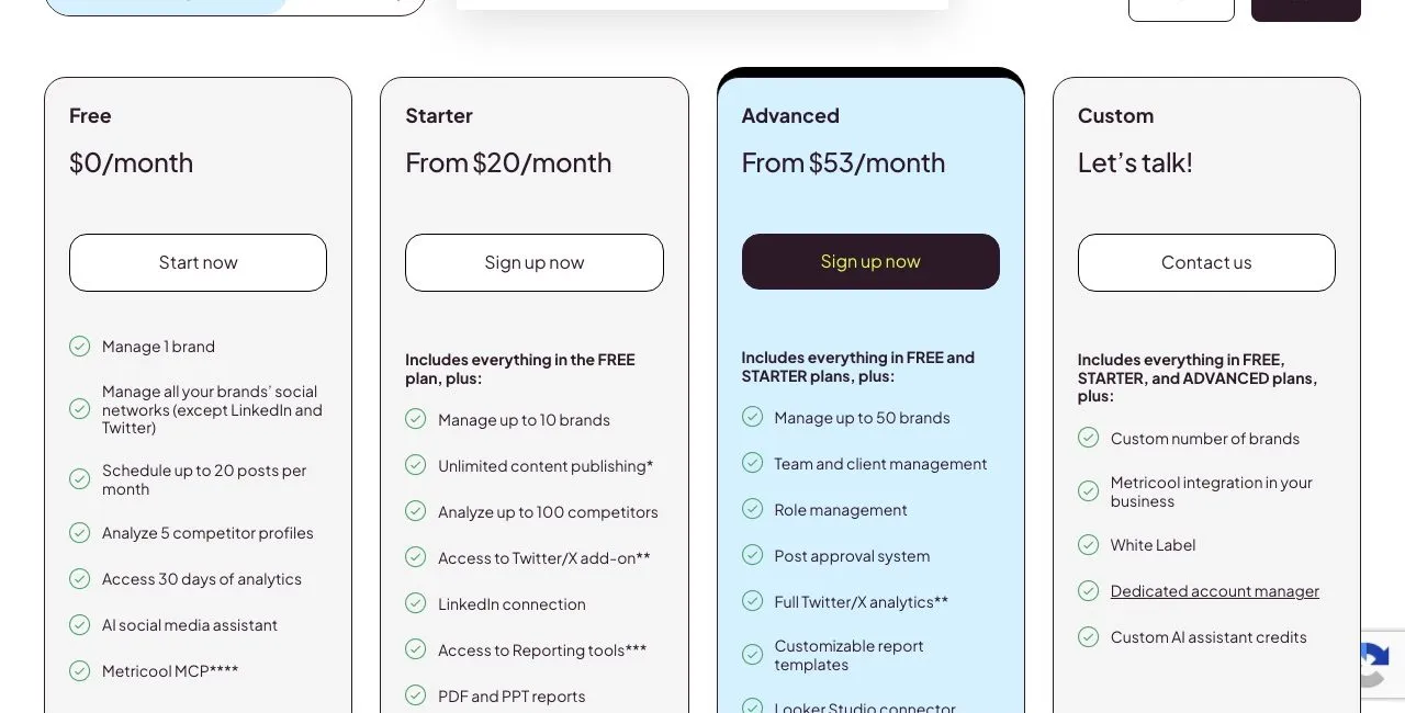 Metricool's pricing page, showing a Free tier plus paid plans that scale by the number of brands you manage.