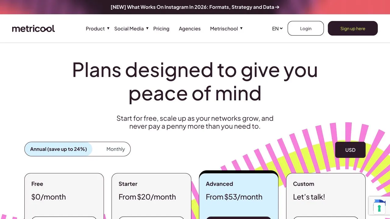 Metricool per-brand pricing page, an analytics-focused option among social media tools for agencies