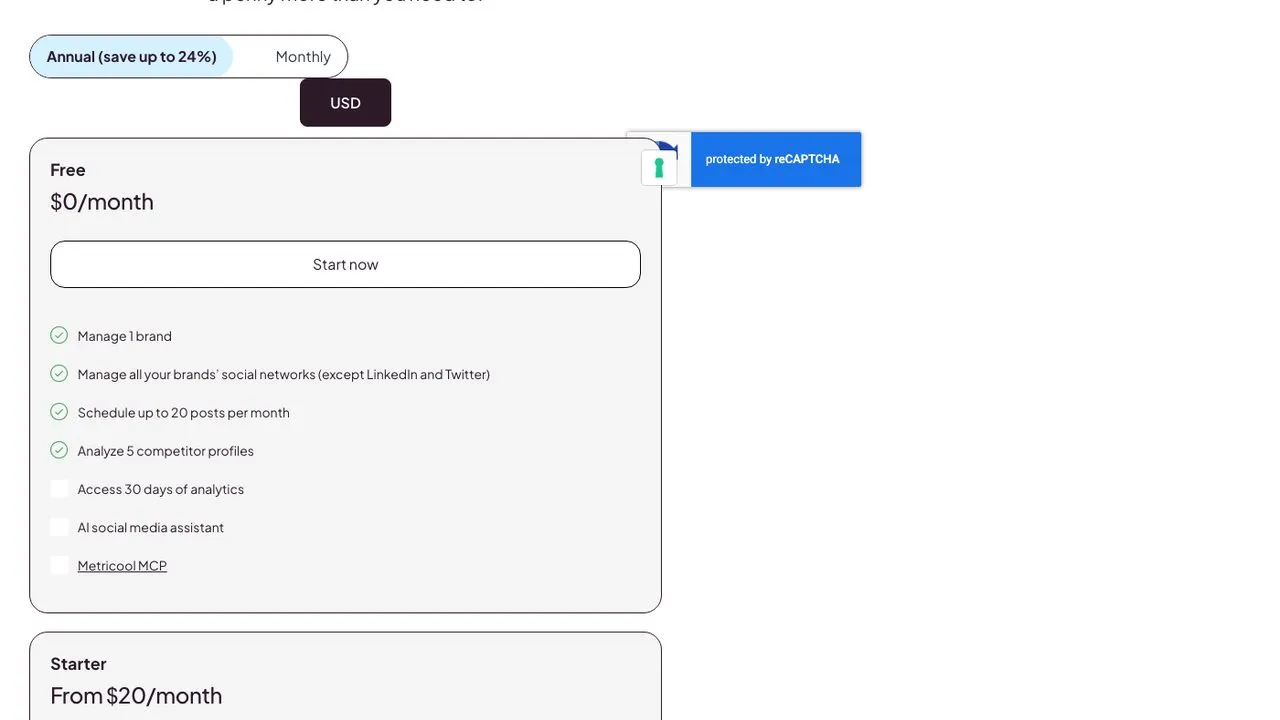 Metricool pricing page showing a free tier and paid plans from $25 a month, or $20 on annual billing