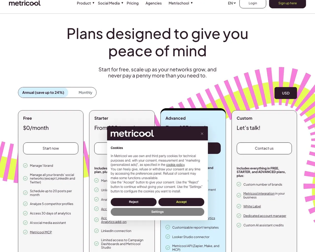 Tailwind app alternative Metricool pricing page showing plans by number of connected brands