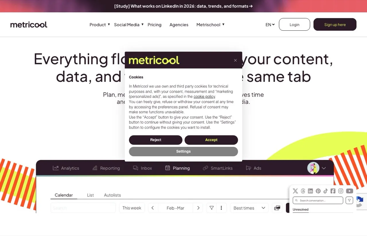 Buffer alternative Metricool homepage showing social media analytics and scheduling dashboard