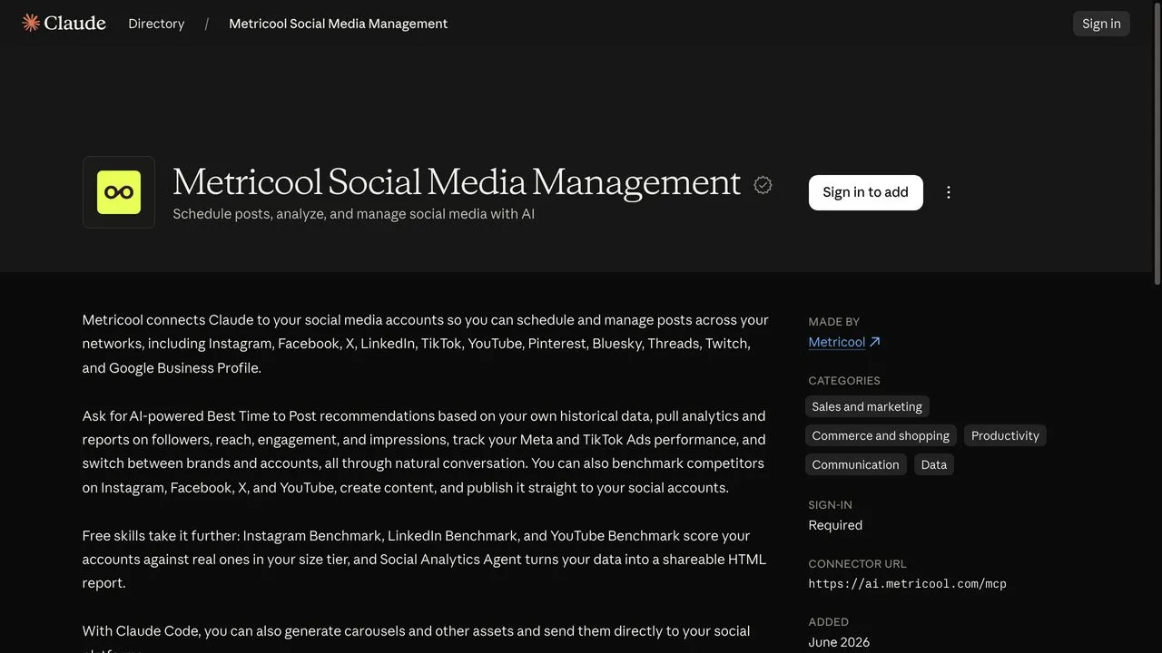 Best Claude connectors for social media: Metricool's Verified listing in Claude's connector directory