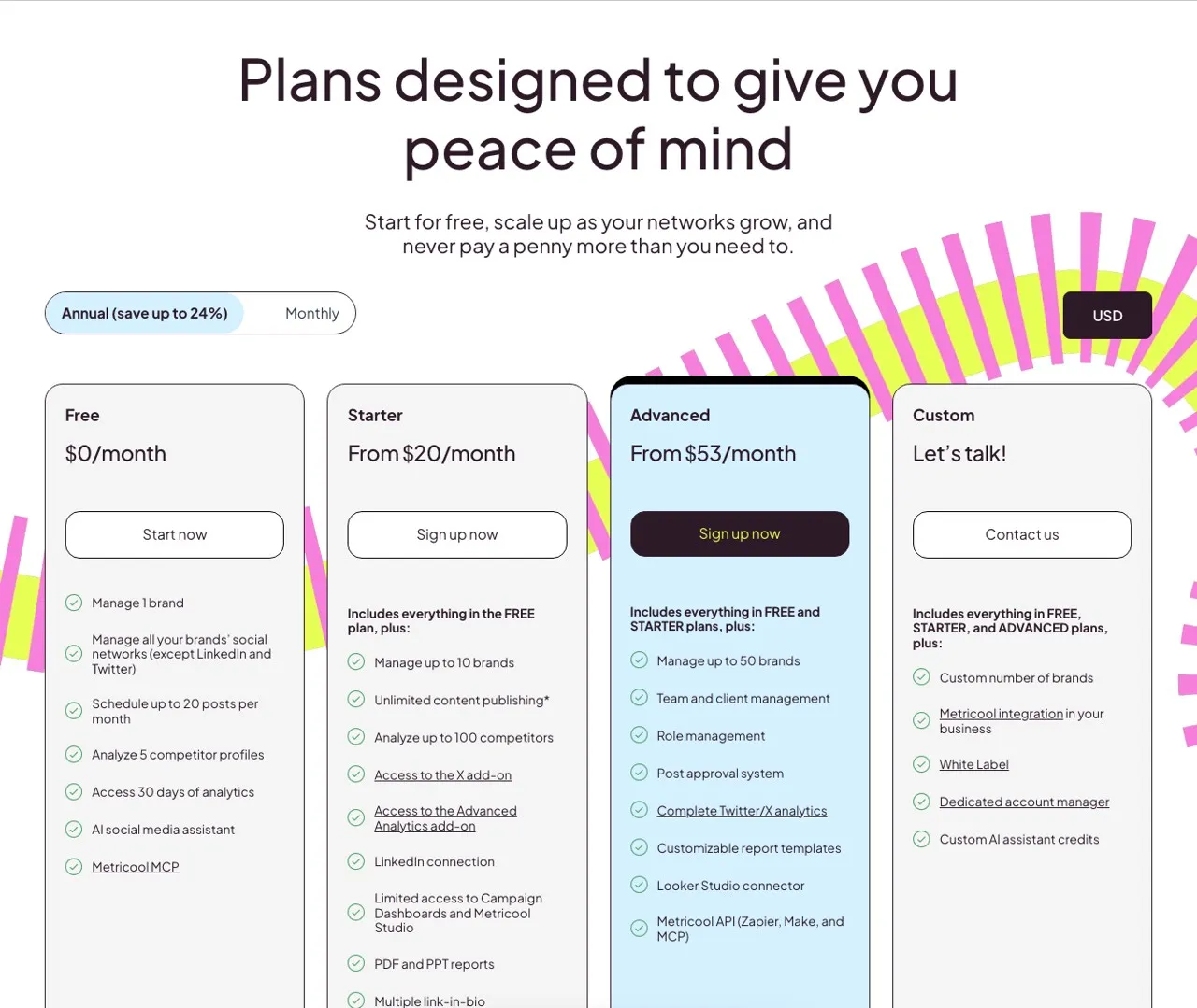 Best Sendible alternatives: Metricool pricing page showing Free, Starter, Advanced, and Custom plans
