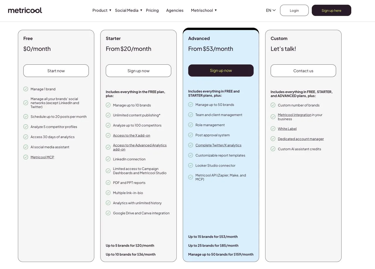 ContentStudio alternatives: Metricool pricing plans with free tier and brand-based pricing