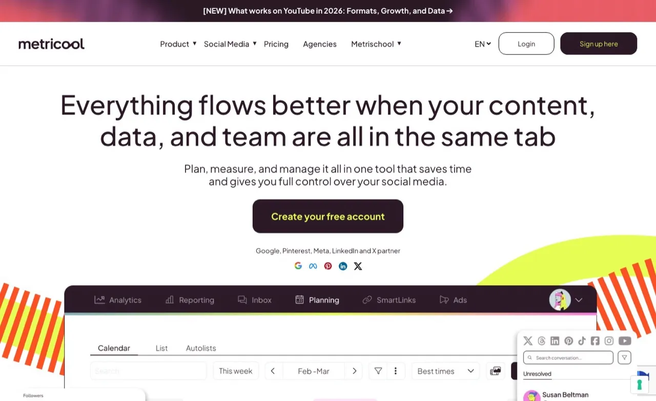 WoopSocial alternative Metricool homepage showing social media analytics, planning, and inbox in one tool