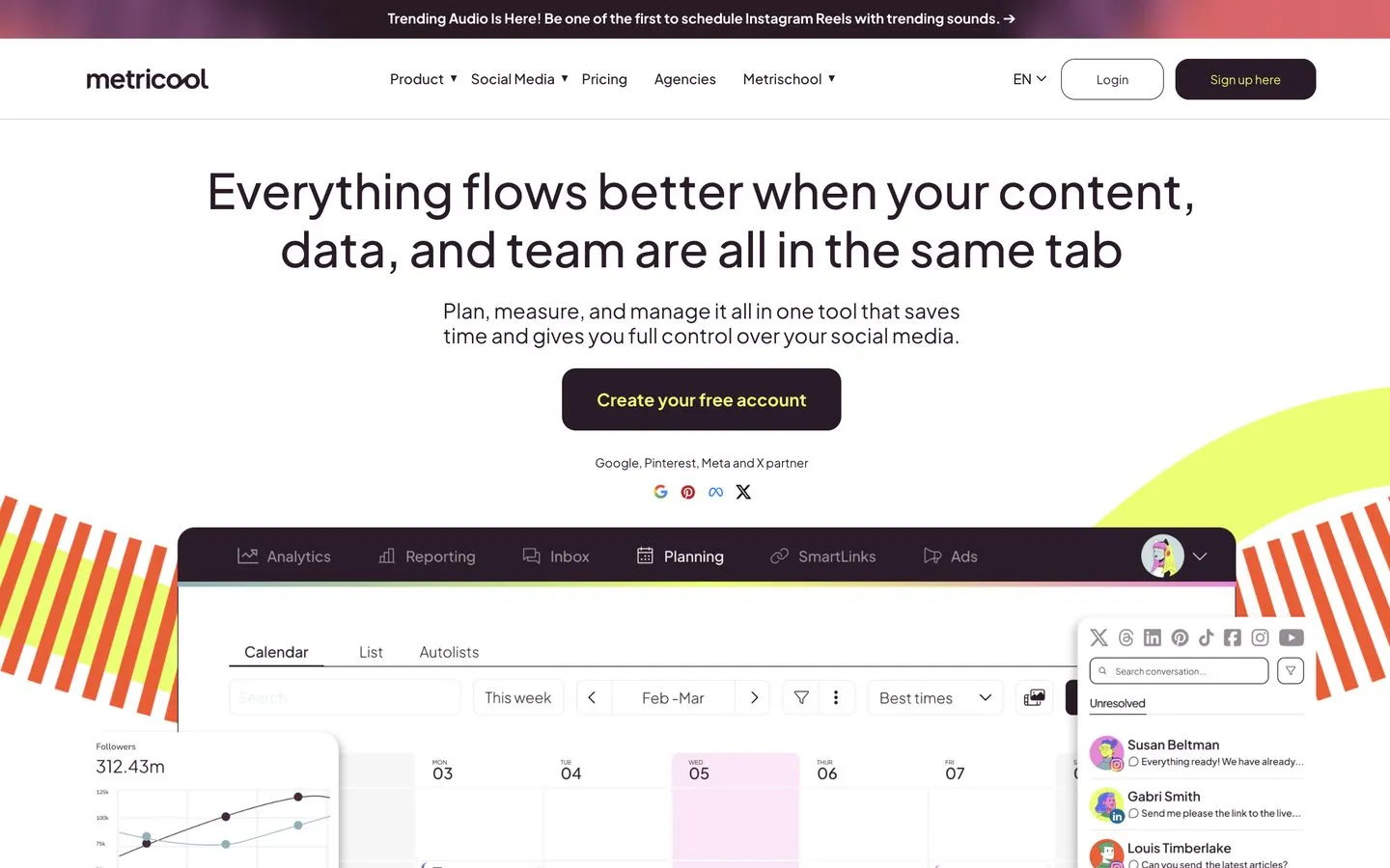 Tools to post to multiple social networks - the Metricool homepage showing its scheduling and analytics dashboard