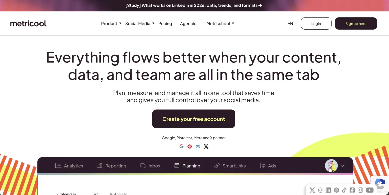 Sprout Social alternative Metricool homepage showing analytics, reporting, and planning dashboard
