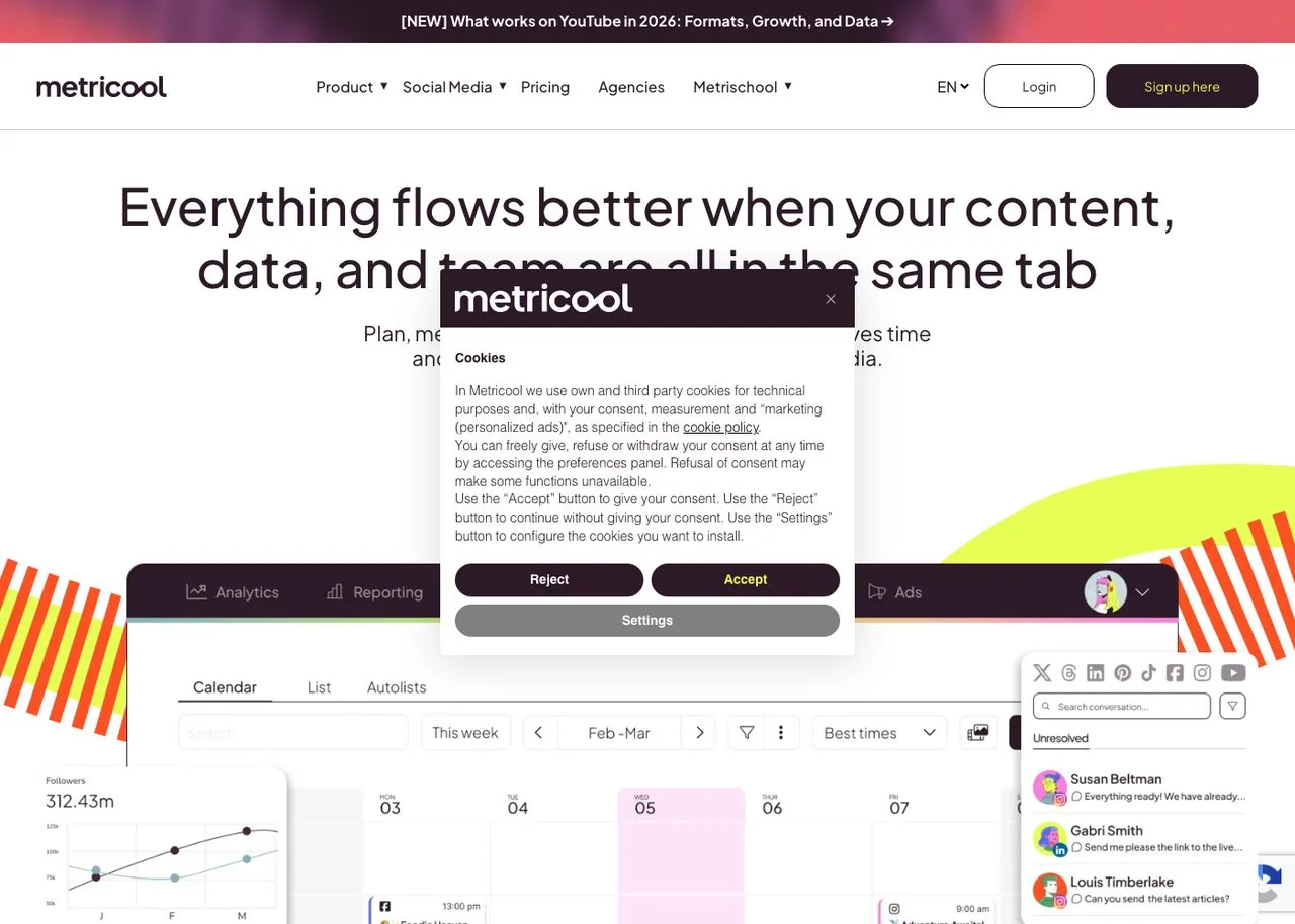 RobinReach alternative Metricool, social media analytics and scheduling homepage