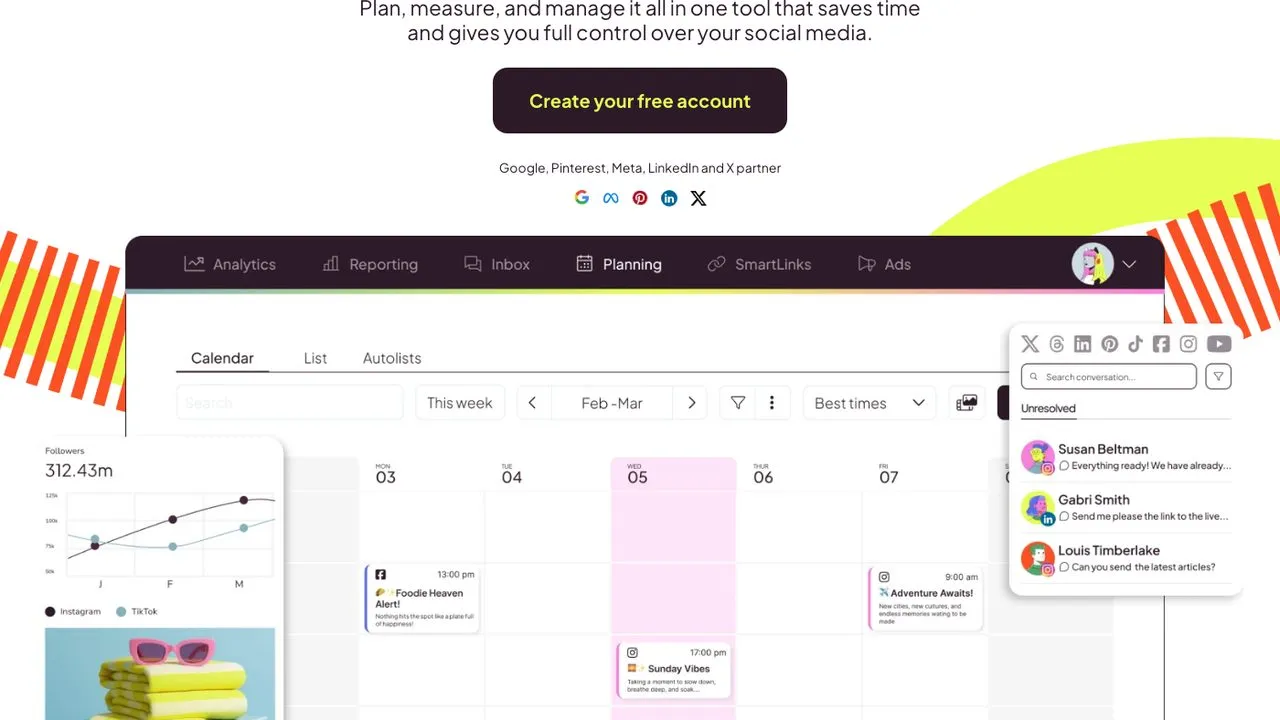 SocialBee alternatives: Metricool homepage showing analytics and planning in one dashboard