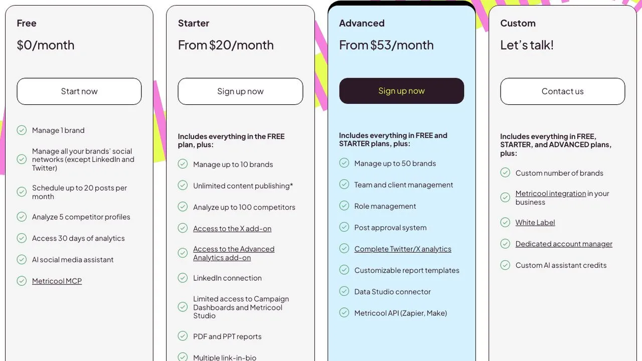 Planoly alternatives Metricool pricing page showing Free, Starter and Advanced plans