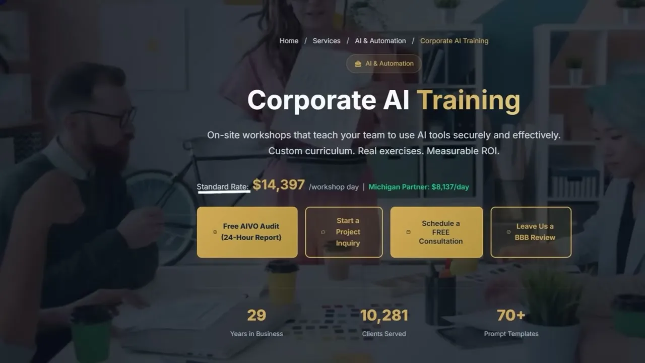 Corporate AI Training pricing page showing $14,397 per workshop day for enterprise Copilot training.