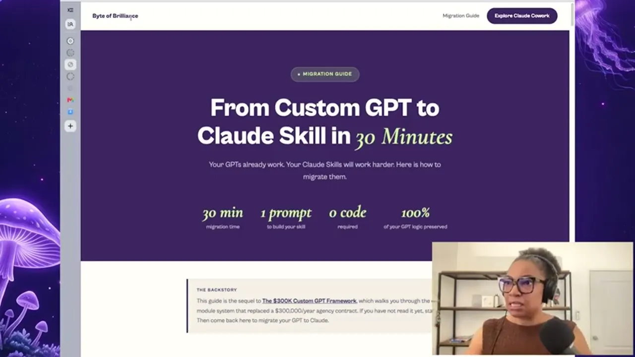 Ekwy Chukwuji sharing her screen to walk through the migration guide she built for turning custom GPTs into Claude skills.