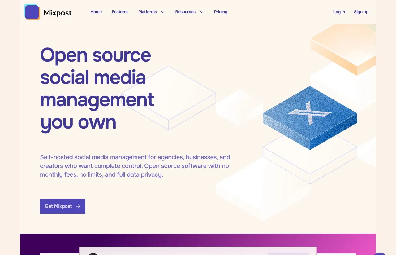 Mixpost's homepage, an open-source self-hosted social media management tool built on Laravel by Inovector.
