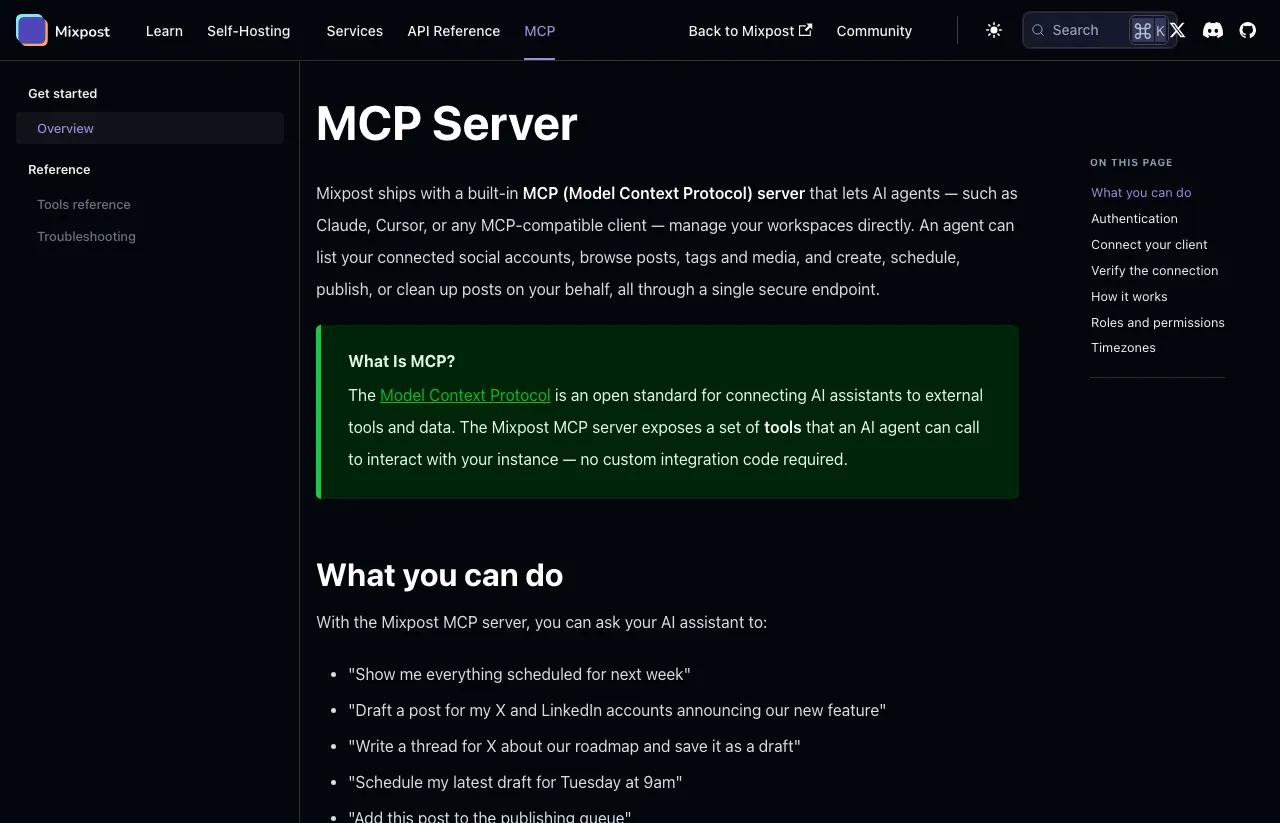 Mixpost's MCP docs: a built-in MCP server that lets AI agents such as Claude or Cursor manage your workspaces through a single secure endpoint on your own install.