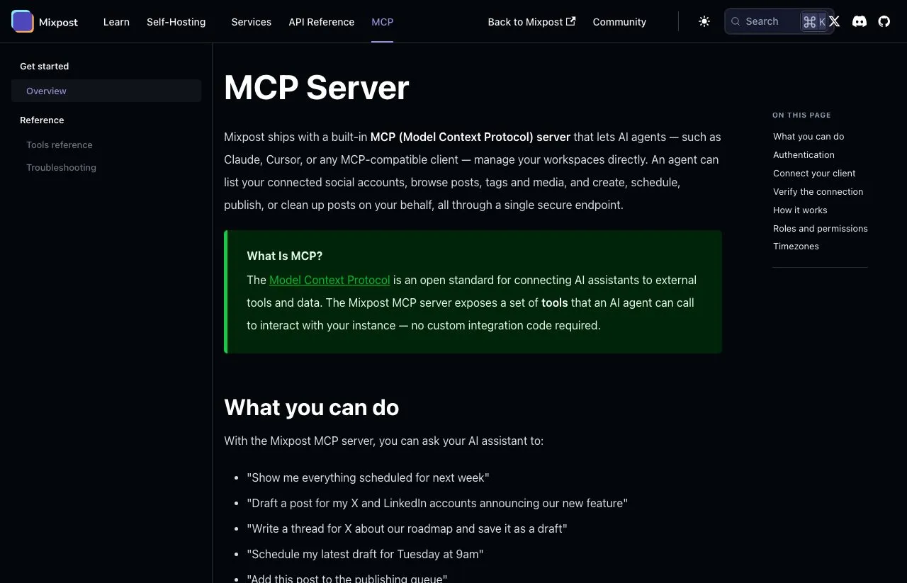 Mixpost's MCP documentation showing the built-in Model Context Protocol server for Claude and other clients.