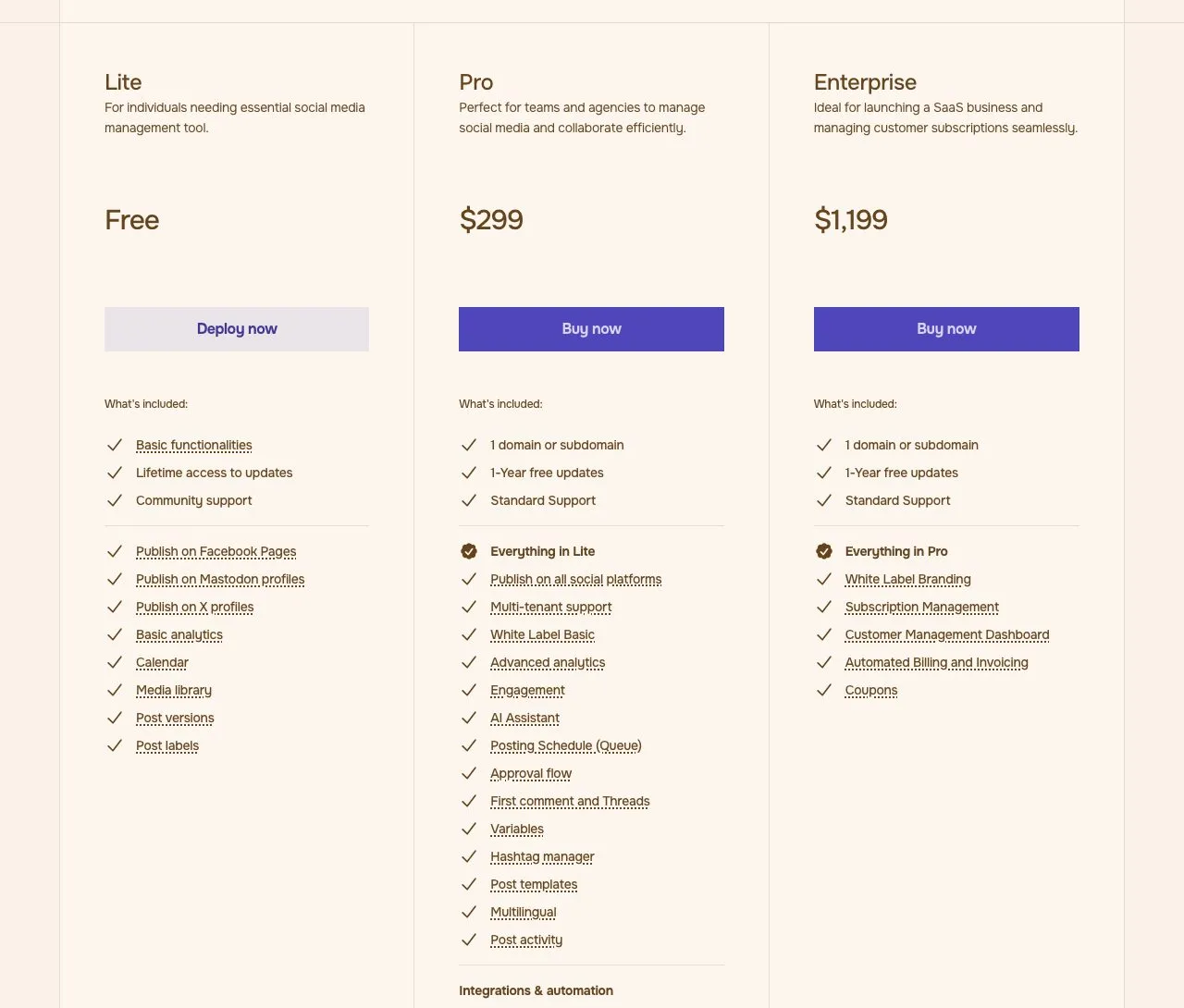 Mixpost pricing: a free Lite edition, Pro at $299 one-time, and Enterprise at $1,199 one-time, each self-hosted.