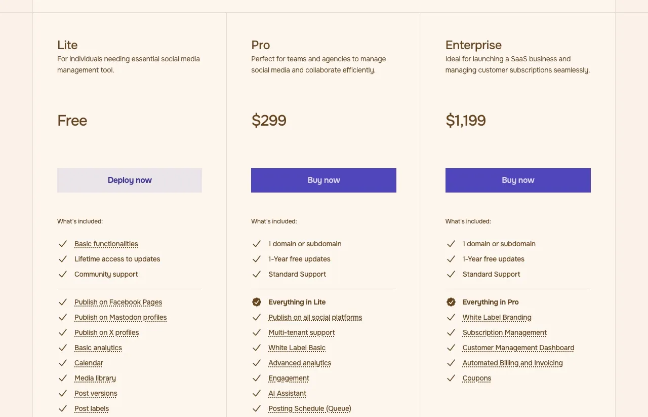 Mixpost pricing: a free Lite edition, Pro at $299 one-time and Enterprise at $1,199 one-time, each self-hosted with one year of updates.