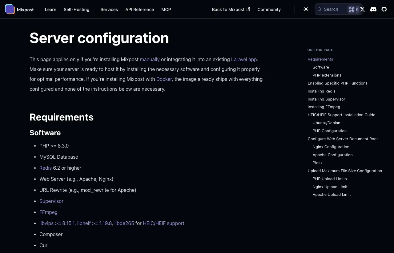 Mixpost's server configuration docs, which state that the Docker image ships preconfigured and the manual requirements list is unnecessary on that path.