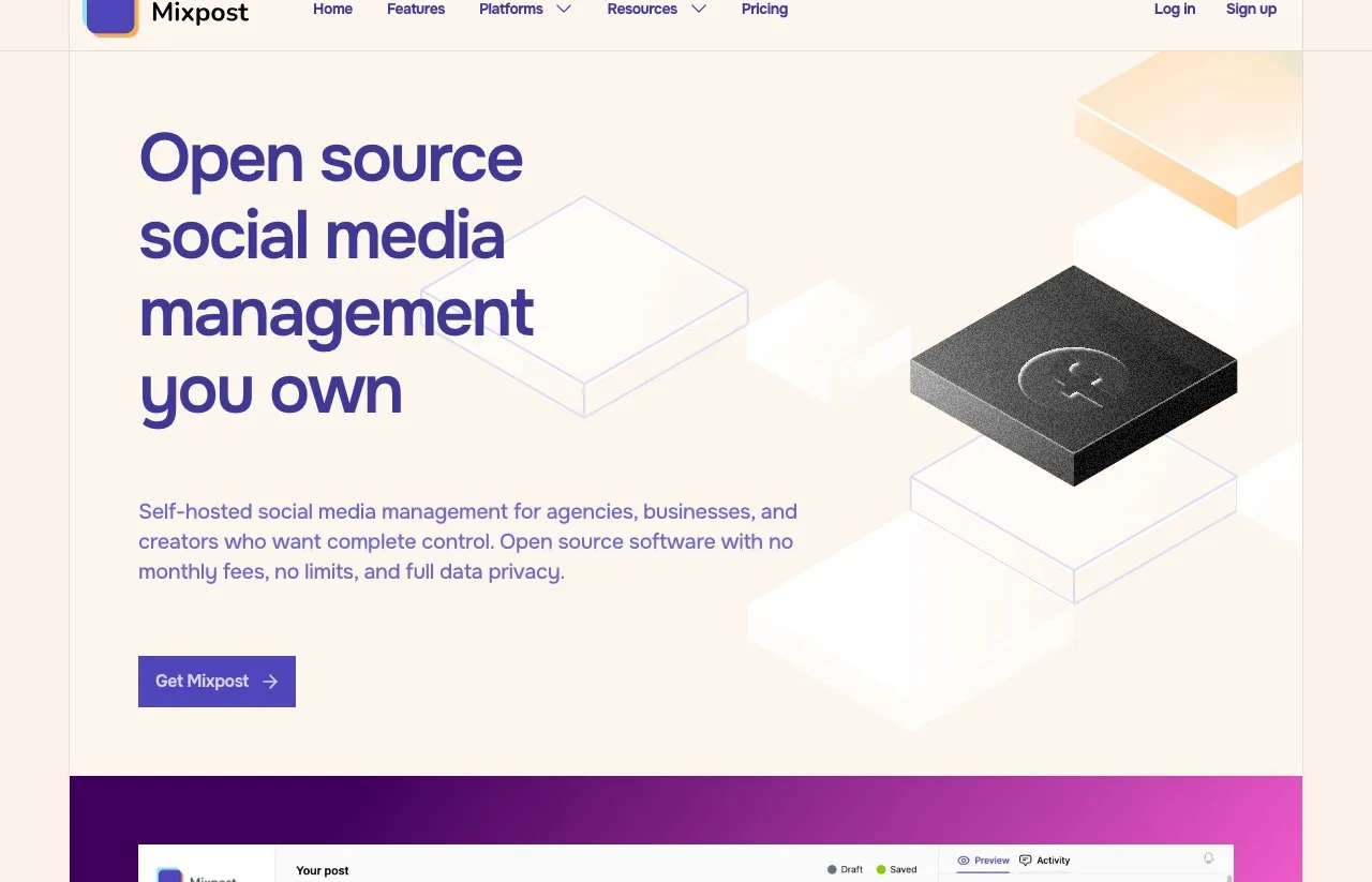 Zernio alternative Mixpost showing open-source self-hosted social media management you own