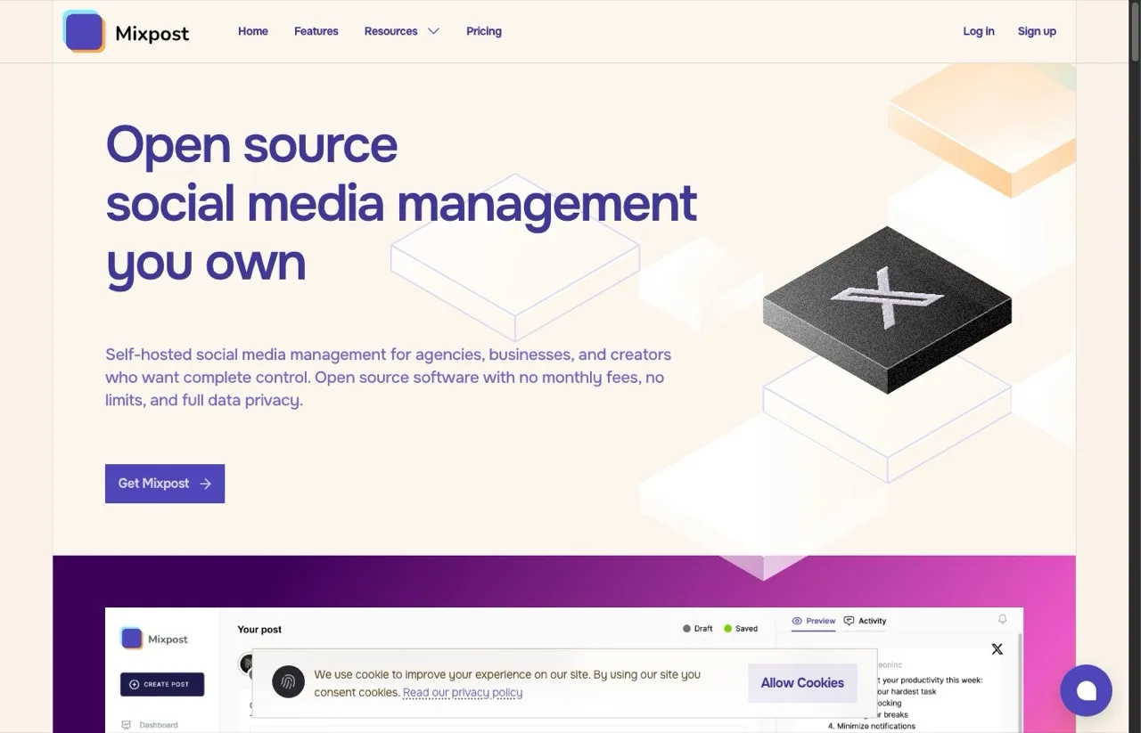 Ayrshare alternative Mixpost homepage showing self-hosted social media management with one-time license