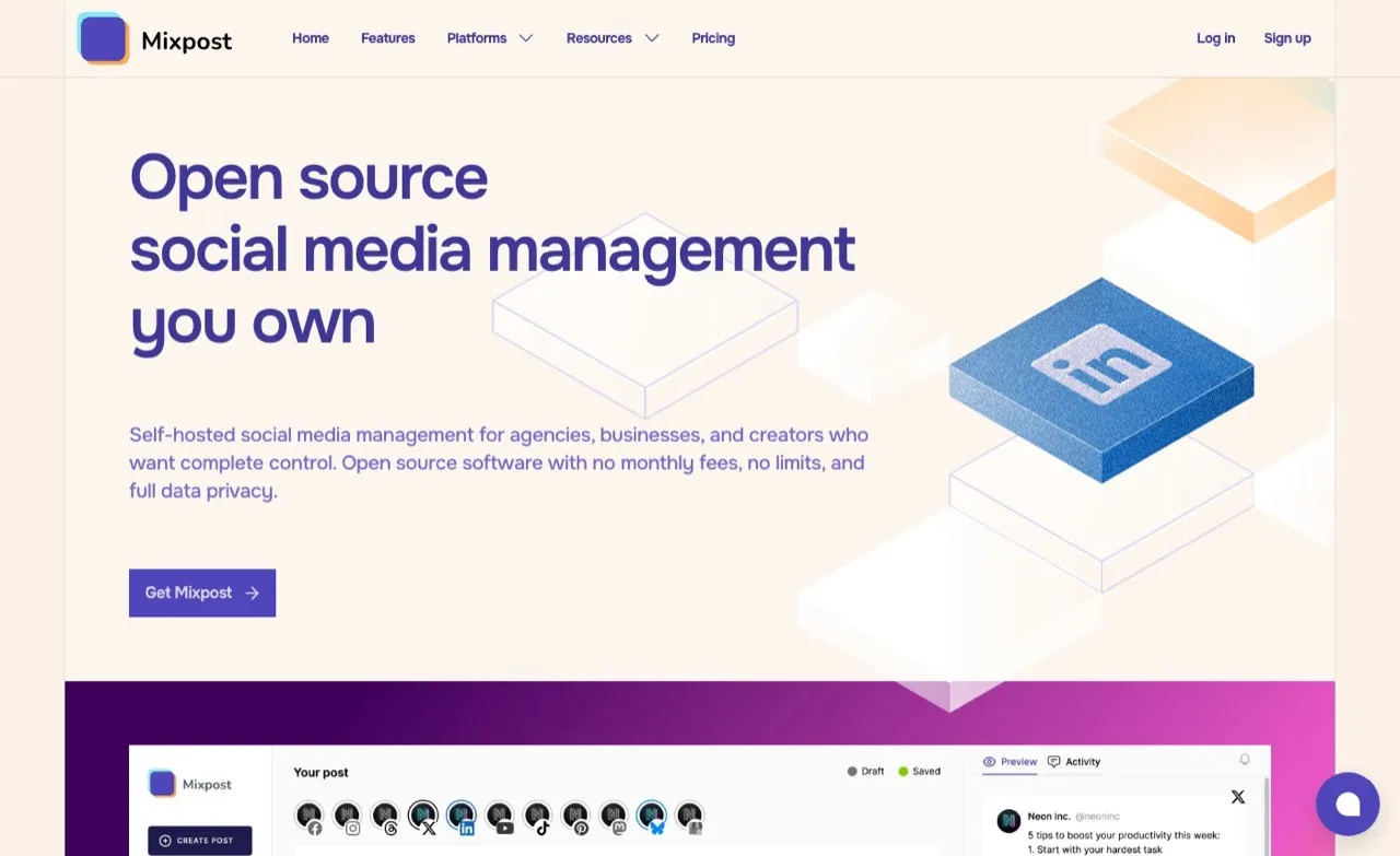 Postoria alternative Mixpost homepage showing open source self-hosted social media management
