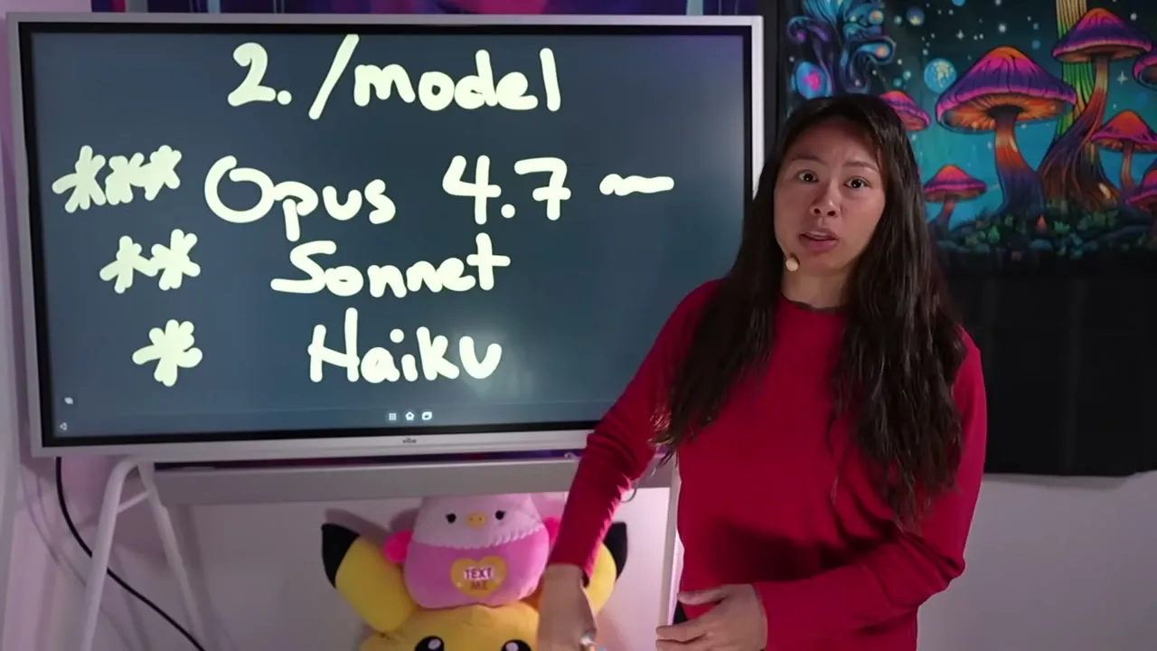 Sabrina at a whiteboard explaining the /model command and its three options: Opus, Sonnet, and Haiku.