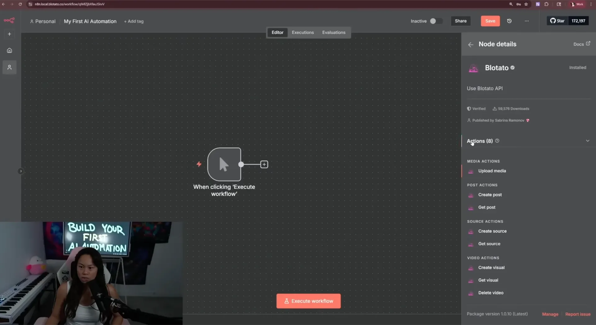n8n workflow canvas with the manual trigger node placed and the Blotato node detail panel open on the right, showing the verified badge, 59,576 downloads, and the eight available actions (Upload media, Create post, Get post, Create source, Get source, Create visual, Get visual, Delete video).