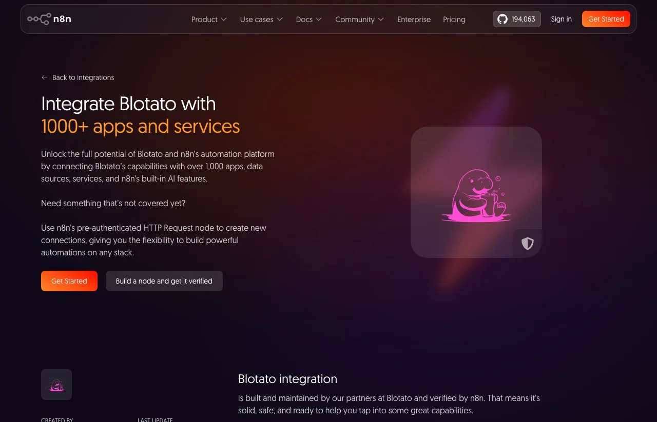n8n's official Blotato integration page: publish and schedule posts and generate AI media to all 9 platforms from inside an n8n workflow.