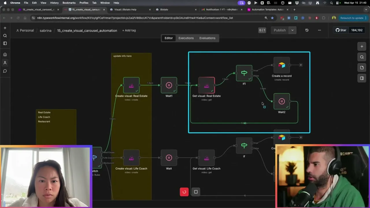 n8n canvas showing the real estate branch with the wait loop highlighted: Wait1 polls Get visual Real Estate, an If node checks readiness, and Wait2 retries every five seconds until the carousel returns.