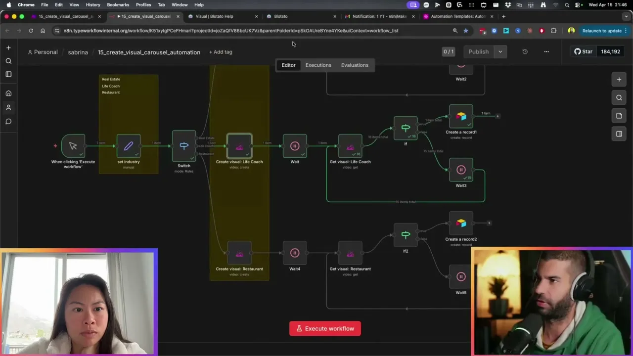 Blotato Create Visual node inside n8n configured with the Life Coach branch: template set to Generate a steampunk-style infographic, with a five-line prompt about mindset shifts as the input.