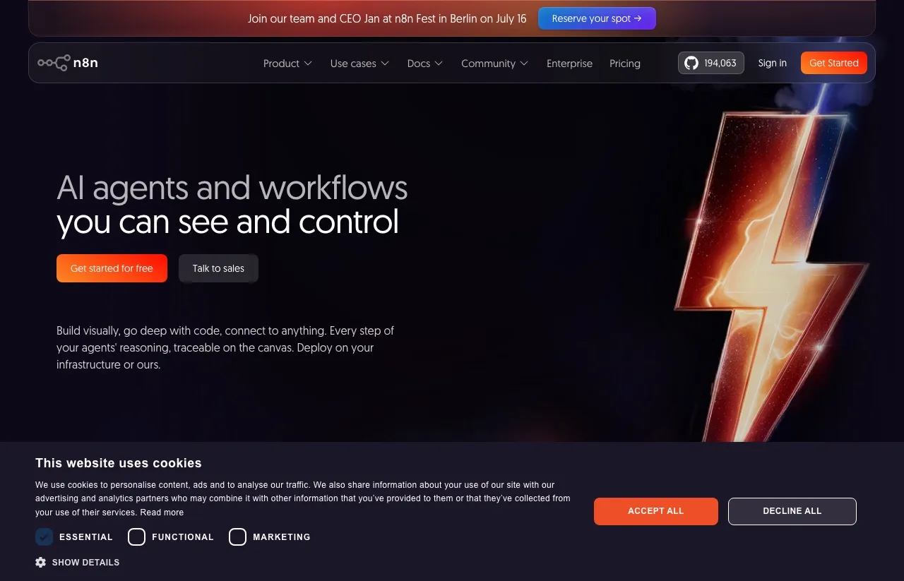 n8n's homepage: a node-based workflow automation platform where you connect triggers and actions on a visual canvas.