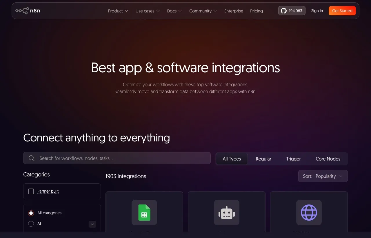 n8n's integration library: thousands of app connectors you assemble into workflows on the canvas.