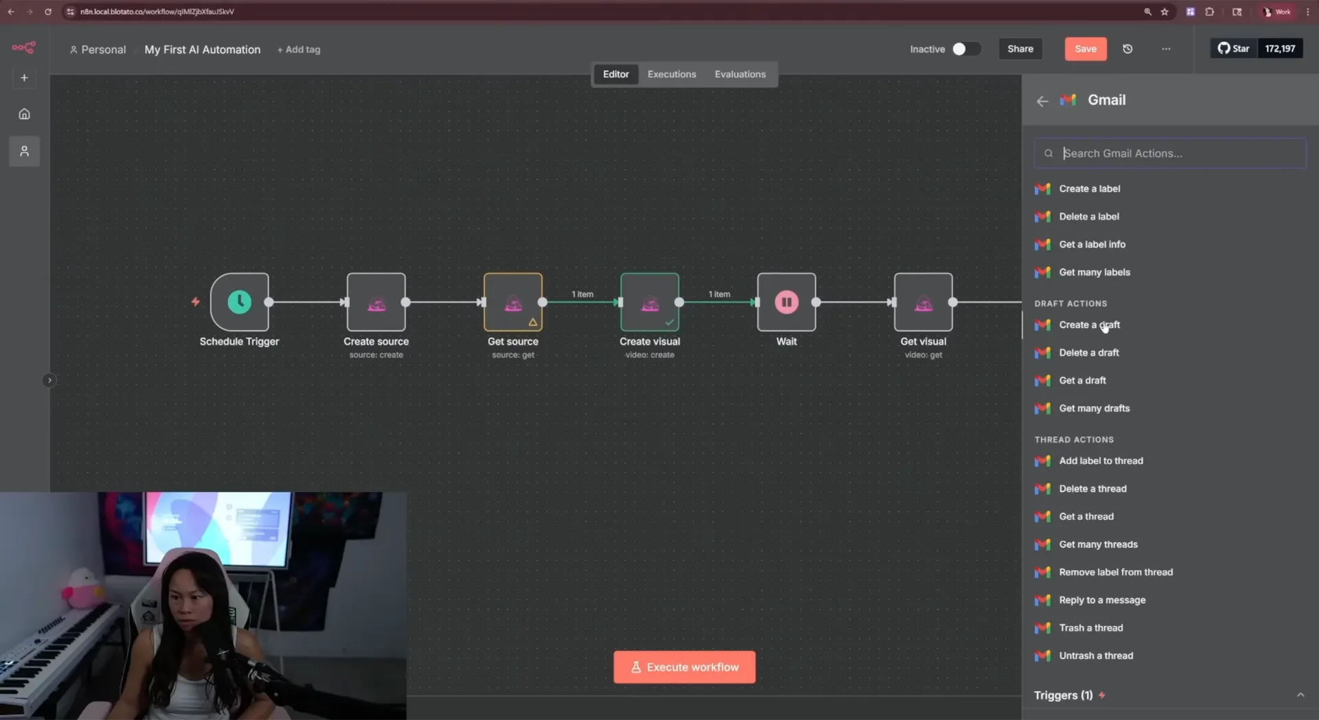 n8n workflow with a Schedule Trigger node at the front, then Create source, Get source, Create visual, Wait, Get visual nodes connected in a straight line, plus a Gmail node panel open on the right showing the 26 Gmail actions you can hook into the same workflow for notifications or human-in-the-loop approval.