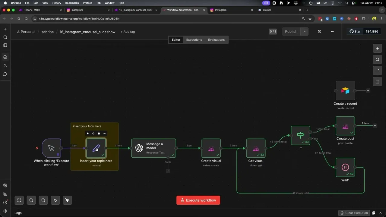 n8n canvas showing the carousel workflow: a topic input node, a Message a model OpenAI node, Create visual, Get visual, an If node that loops with a Wait, and Create post as the final step.