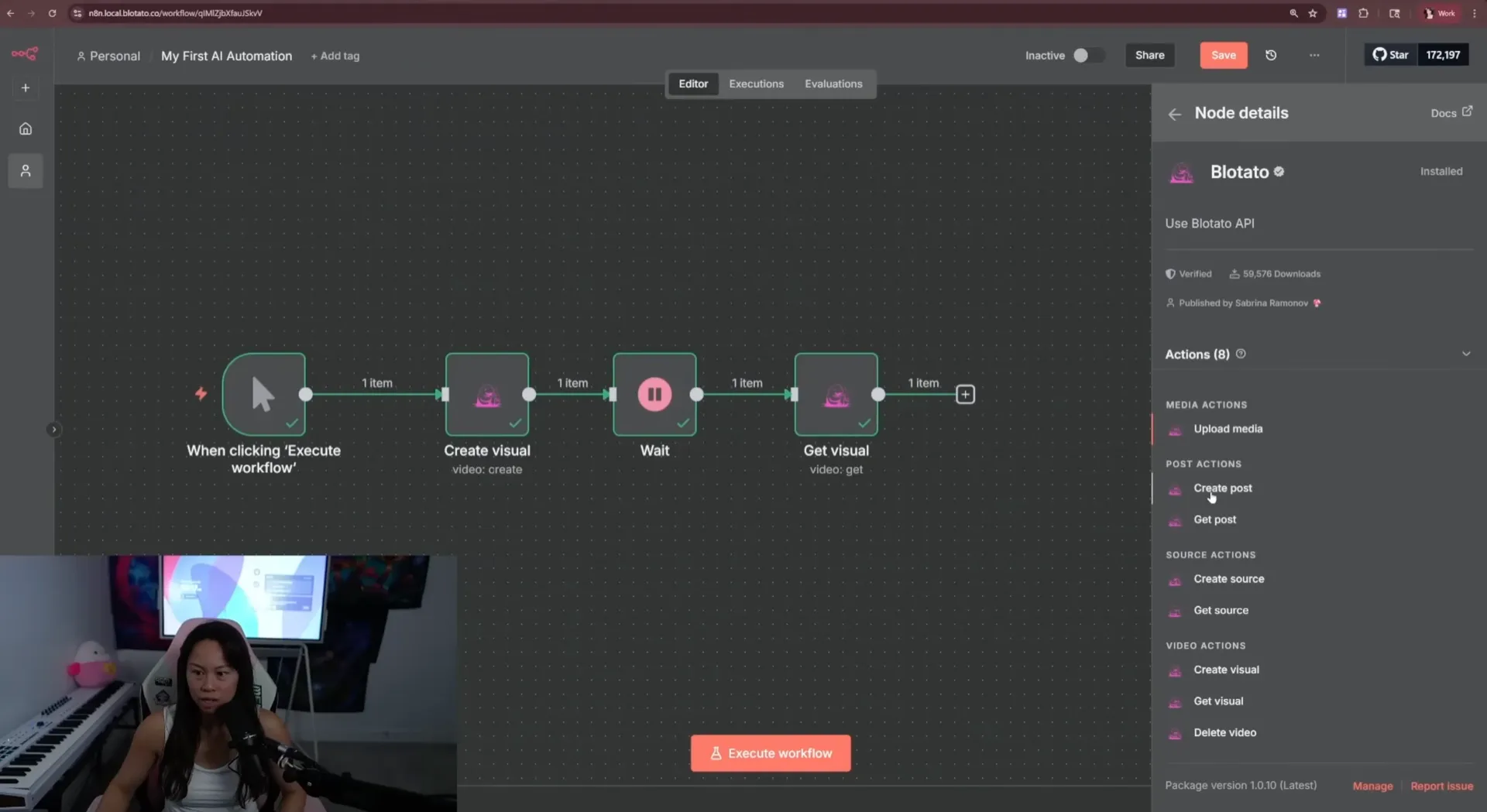 n8n workflow showing the full connected pipeline: manual trigger, Create visual, Wait, Get visual, with the Blotato node detail panel still pinned on the right showing the eight Blotato actions, plus Sabrina's webcam picture-in-picture overlaid with the text "Build Your First AI Automation".