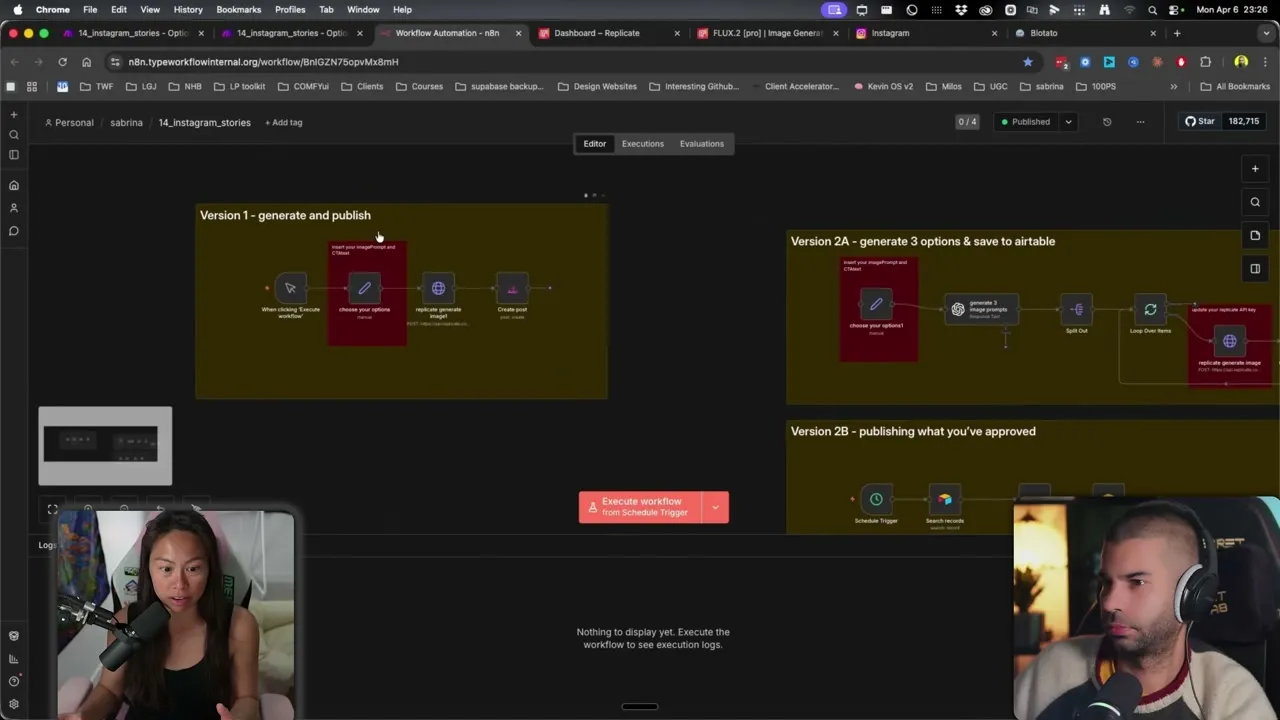 n8n canvas showing three Instagram Stories automation versions: Version 1 generates and publishes, Version 2A generates 3 options and saves to Airtable, Version 2B publishes what's been approved.