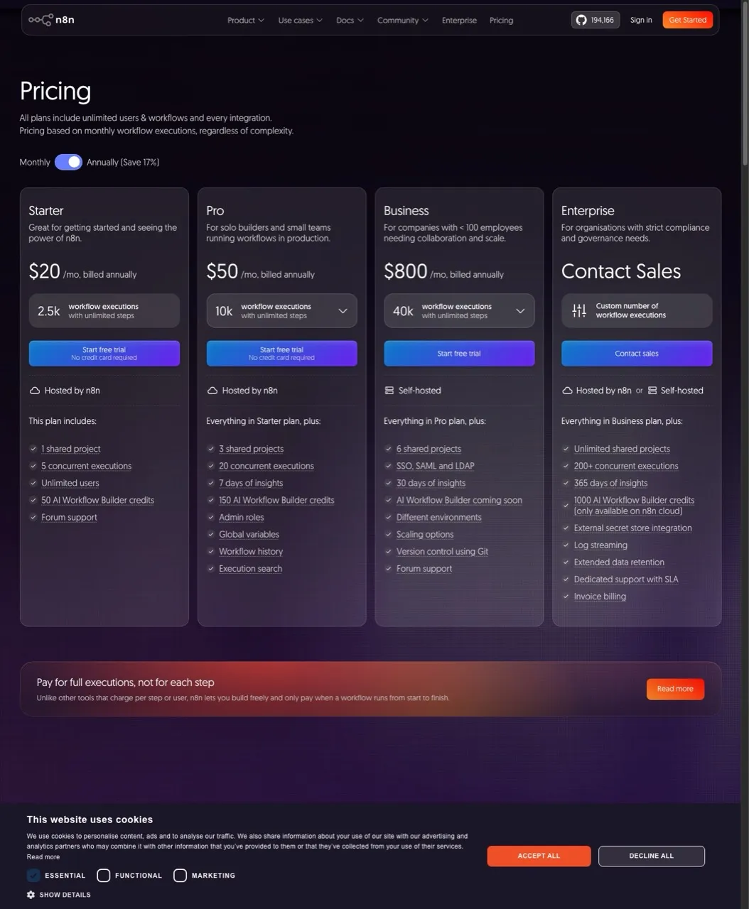 Zapier alternative n8n pricing showing Starter, Pro, Business, and Enterprise plans