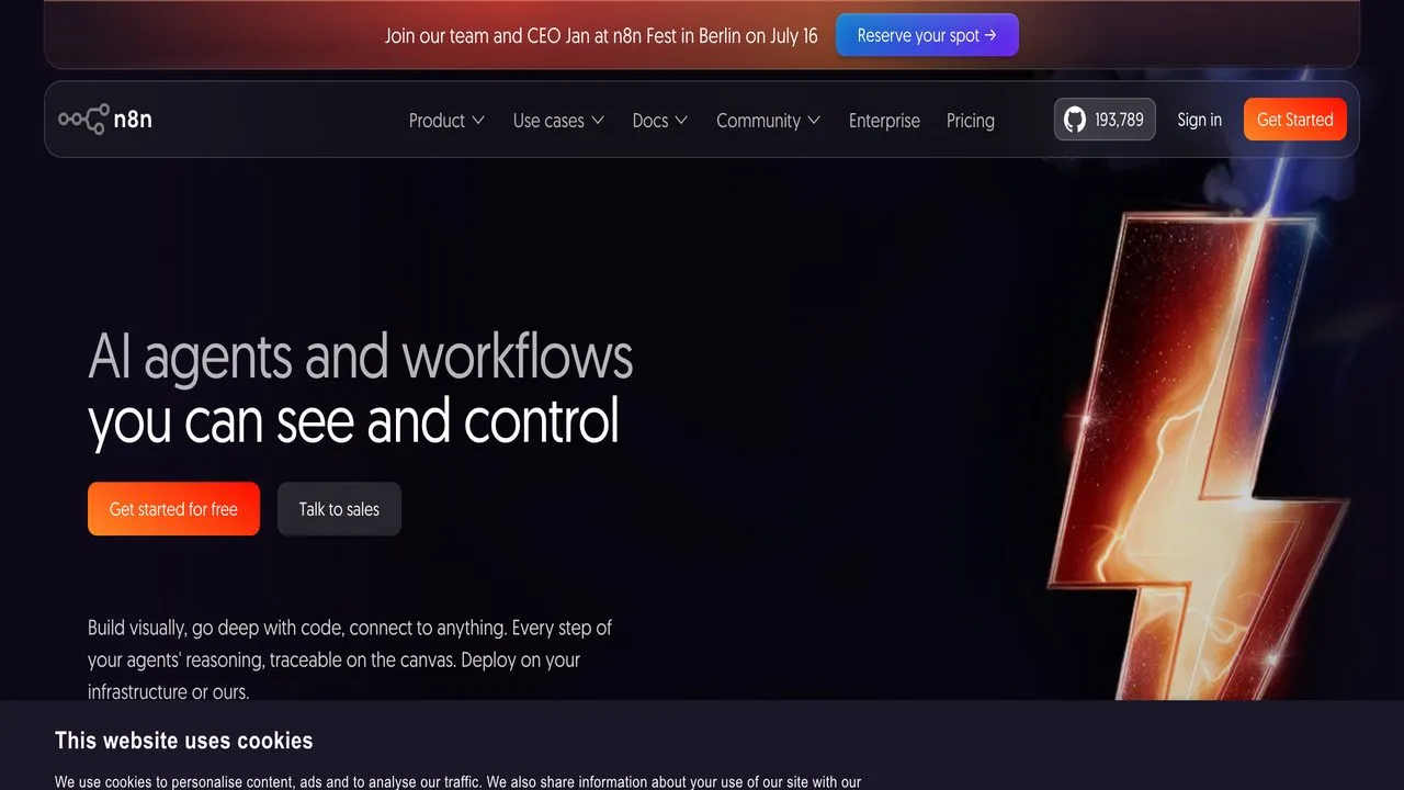 n8n homepage showing AI agents and workflows you can see and control, with MCP nodes