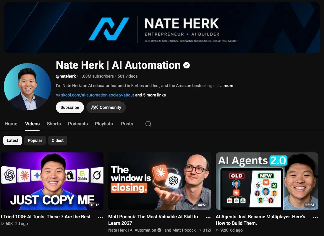 Nate Herk's YouTube channel, which teaches n8n and Claude Code automation builds