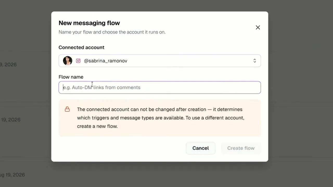 The New messaging flow dialog in Blotato, choosing a connected Instagram account and naming the flow
