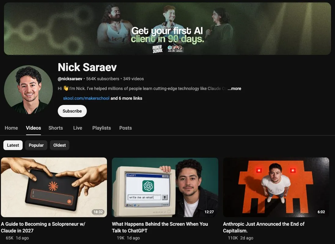 Nick Saraev's YouTube channel about building and selling n8n and Claude Code systems