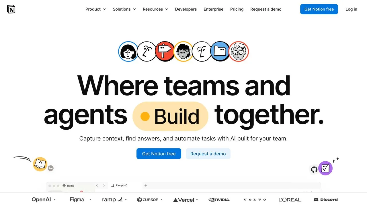 Notion AI workspace with notes, databases, and project management