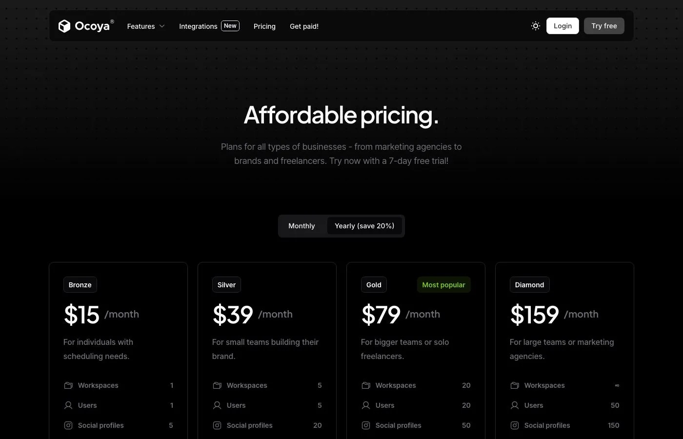 Publer alternative Ocoya pricing tiers Bronze through Diamond