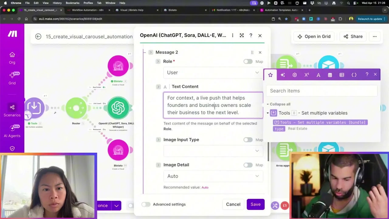OpenAI module in Make.com configured with a user message giving live coach business context that gets turned into a carousel prompt downstream.