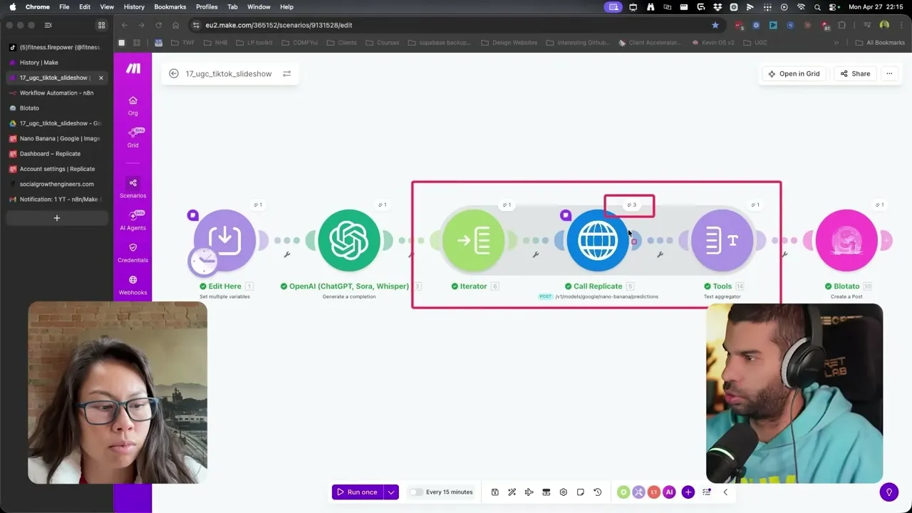 OpenAI system prompt for the slideshow workflow, showing instructions to return a single JSON object with caption, title, and prompts, and to omit subject descriptions because Nano Banana preserves them from the reference image.