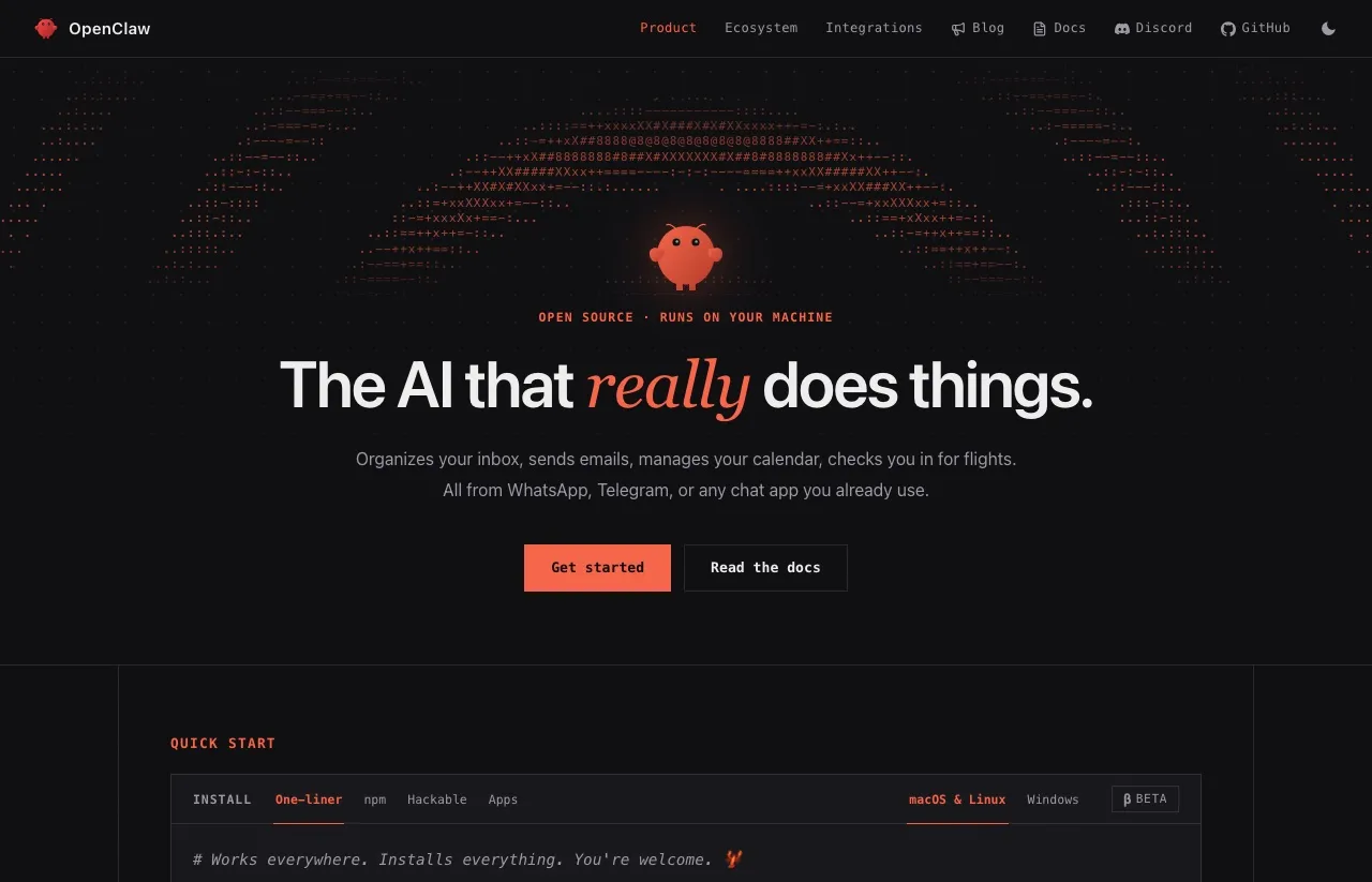 The OpenClaw homepage, describing an open-source assistant that runs locally and works from chat apps you already use.