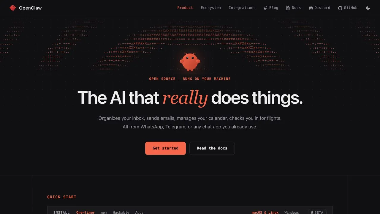 OpenClaw open-source personal AI agent homepage with messaging channels and memory